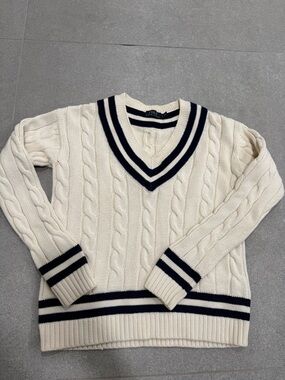 Polo by Ralph Lauren Cream Cable-Knit V-Neck Sweater with Navy Stripes